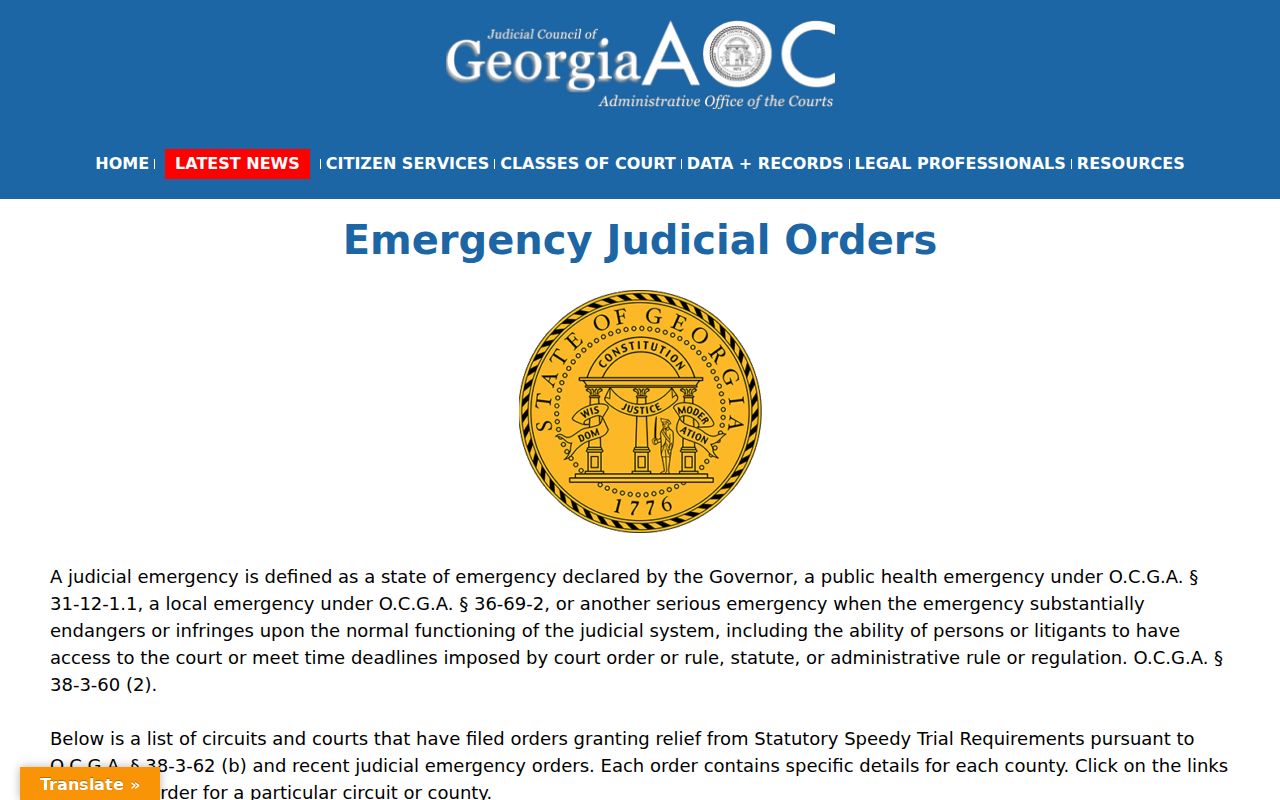 Elbert County court calendar emergency judicial orders page