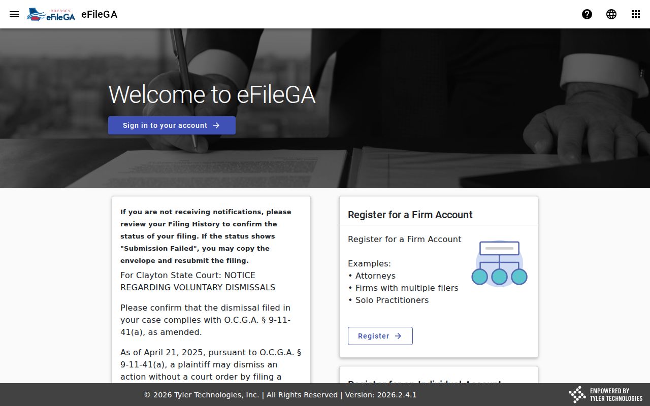 Elbert County civil court dockets eFileGA account page